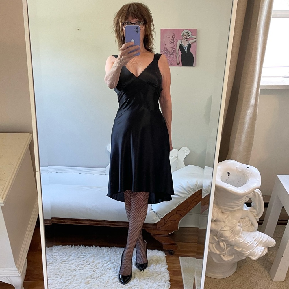 VINTAGE BLACK SLEEVELESS SATINY HIGH LOW DRESS SIDE ZIPPER FIT FLARE STRAPS